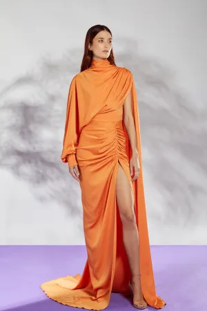 Cape-Inspired Dress with Long Sleeves and Closed Neckline