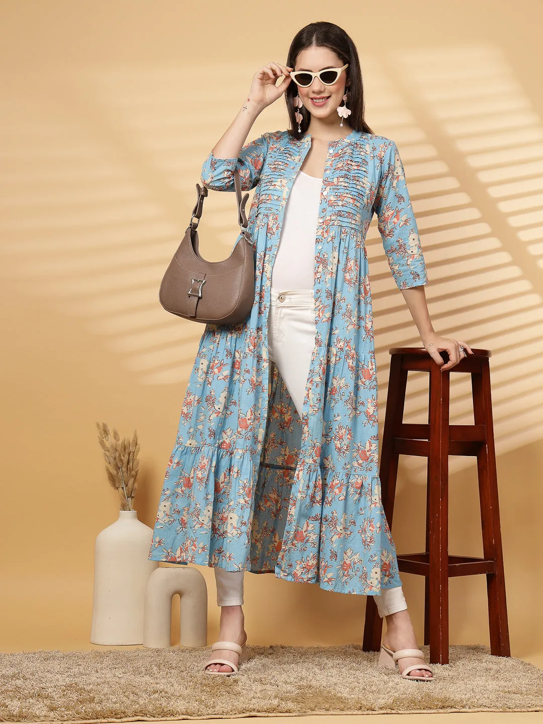 Indibelle Cotton Floral Print Flared Maxi Cape/Shrug (Sky Blue)