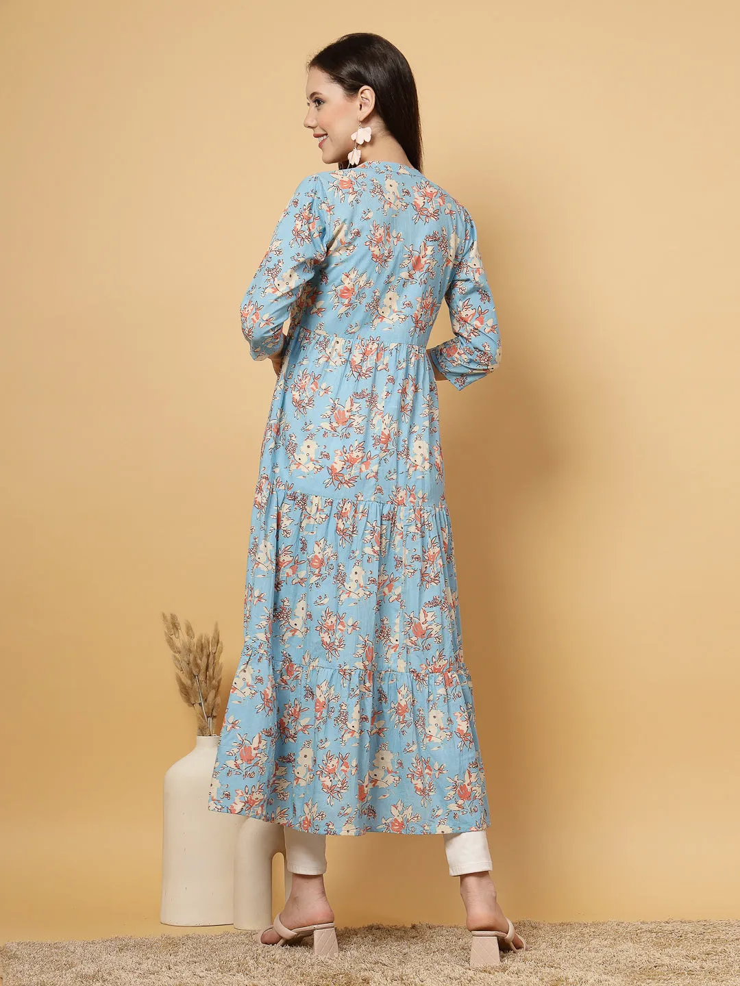 Indibelle Cotton Floral Print Flared Maxi Cape/Shrug (Sky Blue)