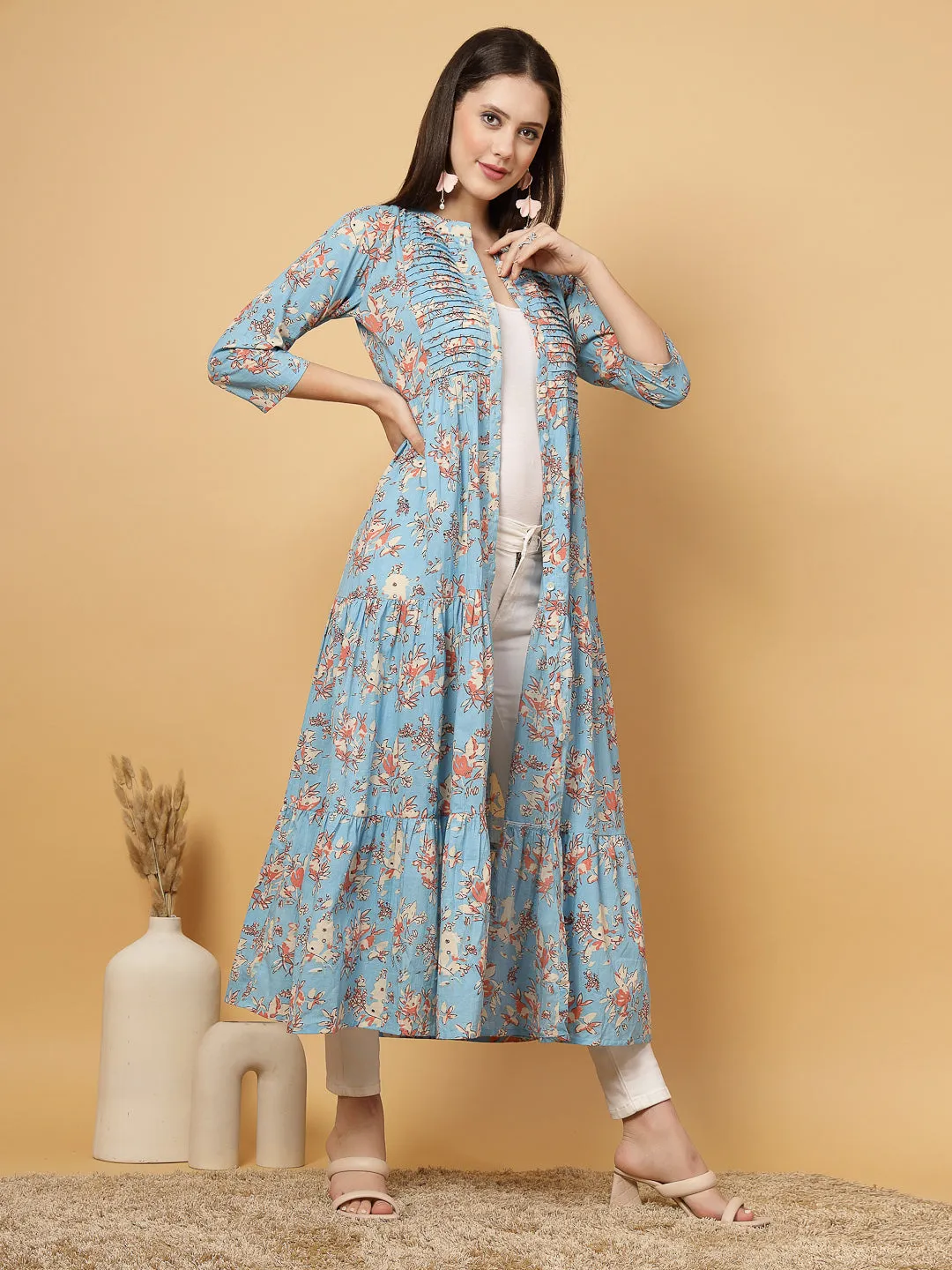 Indibelle Cotton Floral Print Flared Maxi Cape/Shrug (Sky Blue)