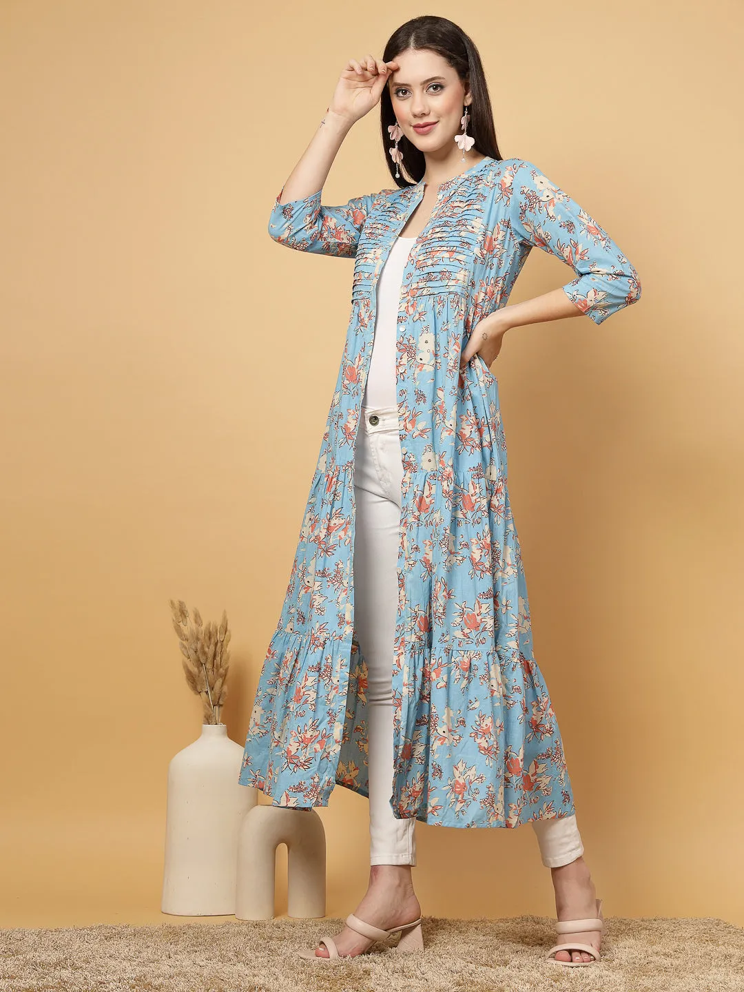 Indibelle Cotton Floral Print Flared Maxi Cape/Shrug (Sky Blue)