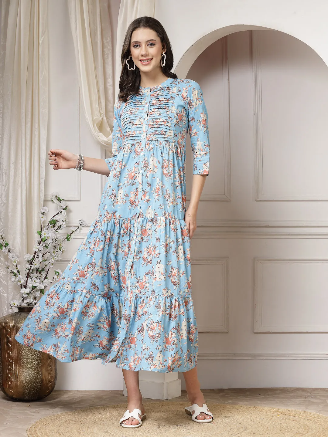 Indibelle Cotton Floral Print Flared Maxi Cape/Shrug (Sky Blue)