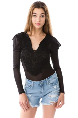 L/s Lace Trim Sheer Bodysuit