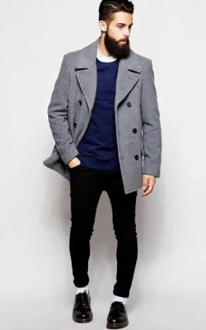 Mens Peacoat - Peacoat For Men Men's Light Grey ~ Wine Double Breasted Wool Men's Peacoat