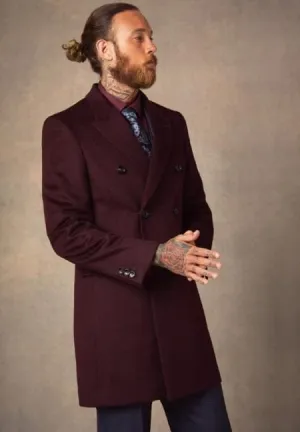 Mens Peacoat Peacoat Men's Burgundy ~ Wine Double Breasted Peak Lapel Men's Carcoat - Car Coat Mid Length Three Quarter Length Coat