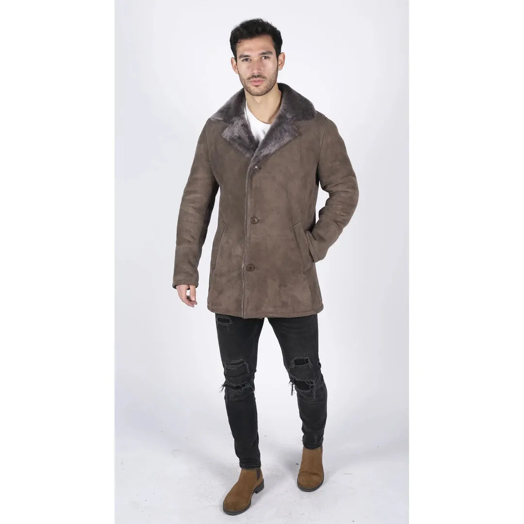 Men's Sheepskin Coat Beige Classic 3/4 Jacket Button Down V Neck