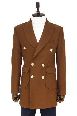 Metal Buttoned Double Breasted Tan Men Coat - Wessi