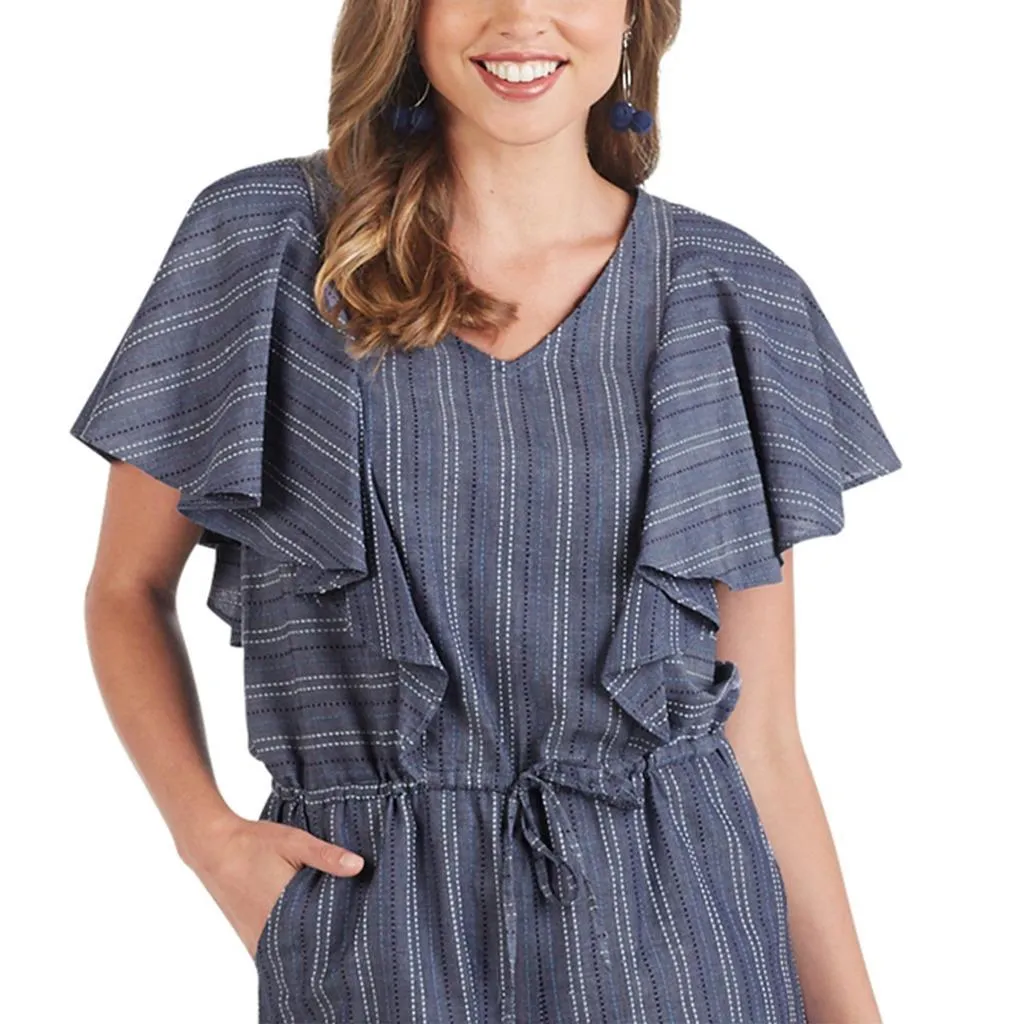Mud Pie Womens Isla Shorts Womens Romper Blue Chambray Stitched Stripe Details Blue