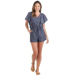 Mud Pie Womens Isla Shorts Womens Romper Blue Chambray Stitched Stripe Details Blue