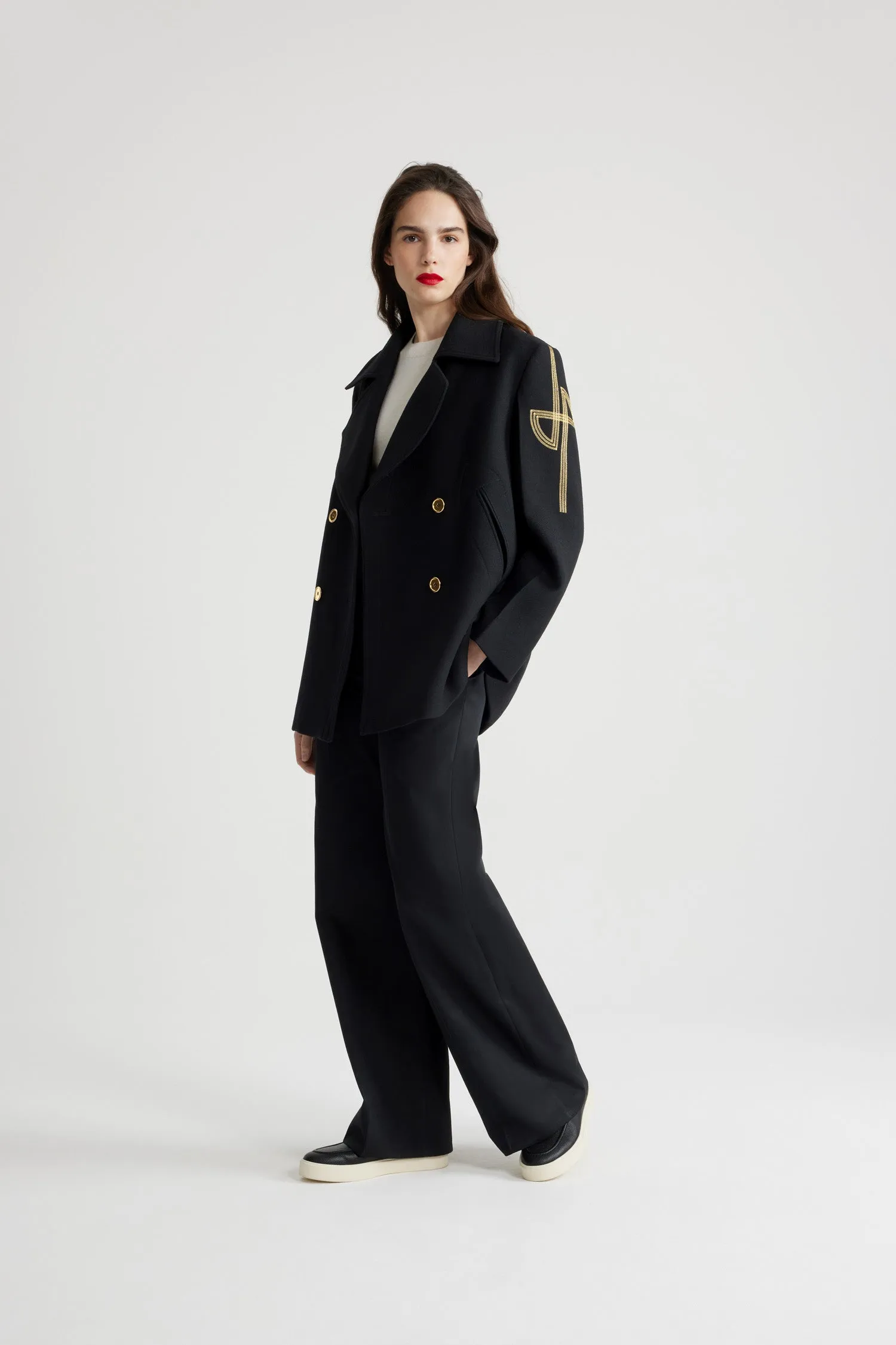 Oversized wool peacoat with embroidered logo