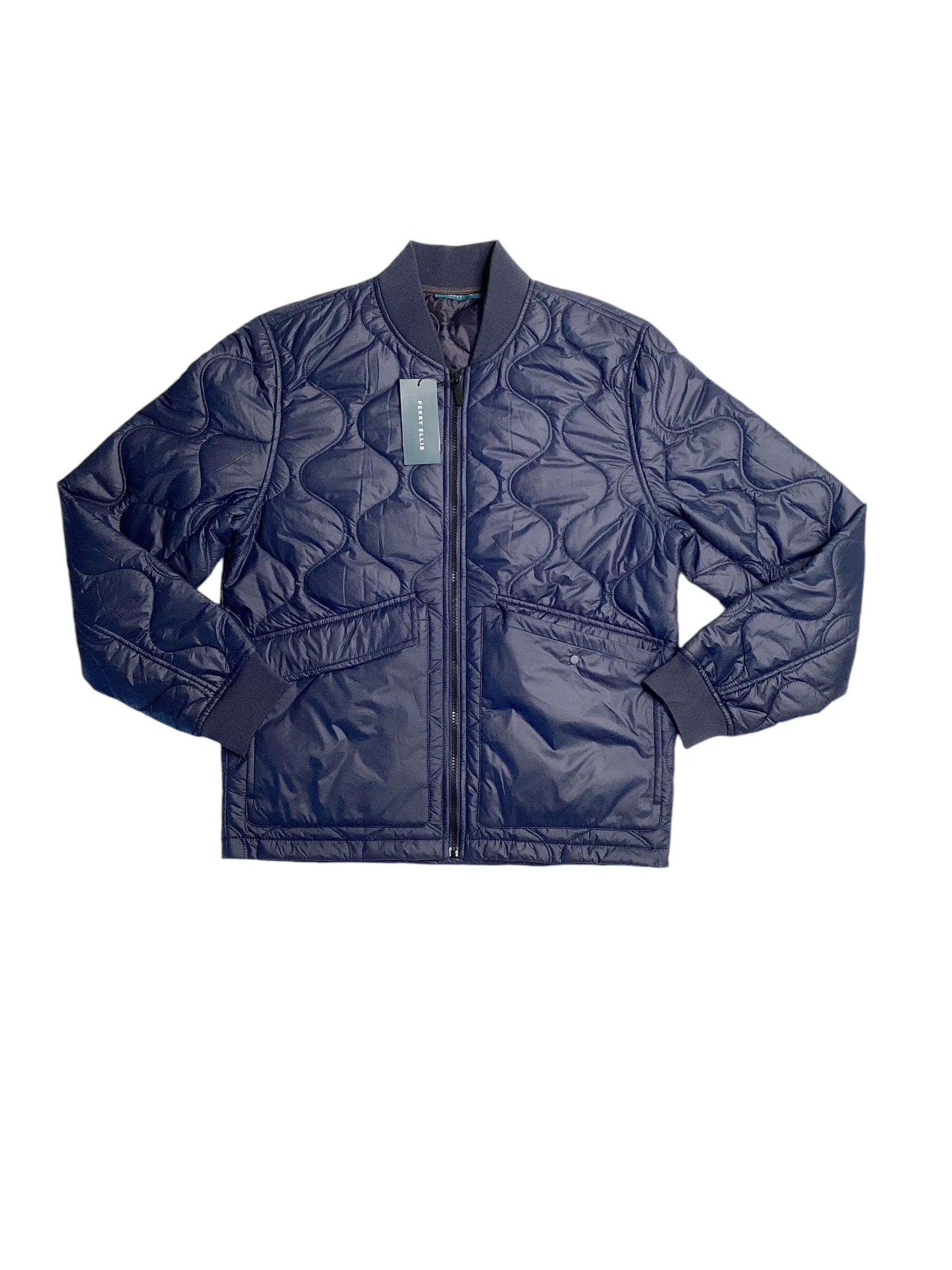 Perry Ellis Mens Shadow Onion Quilted Full Zip Bomber Jacket Coat Blue Medium