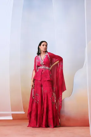 Pink printed and embroidered  sharara set with cape