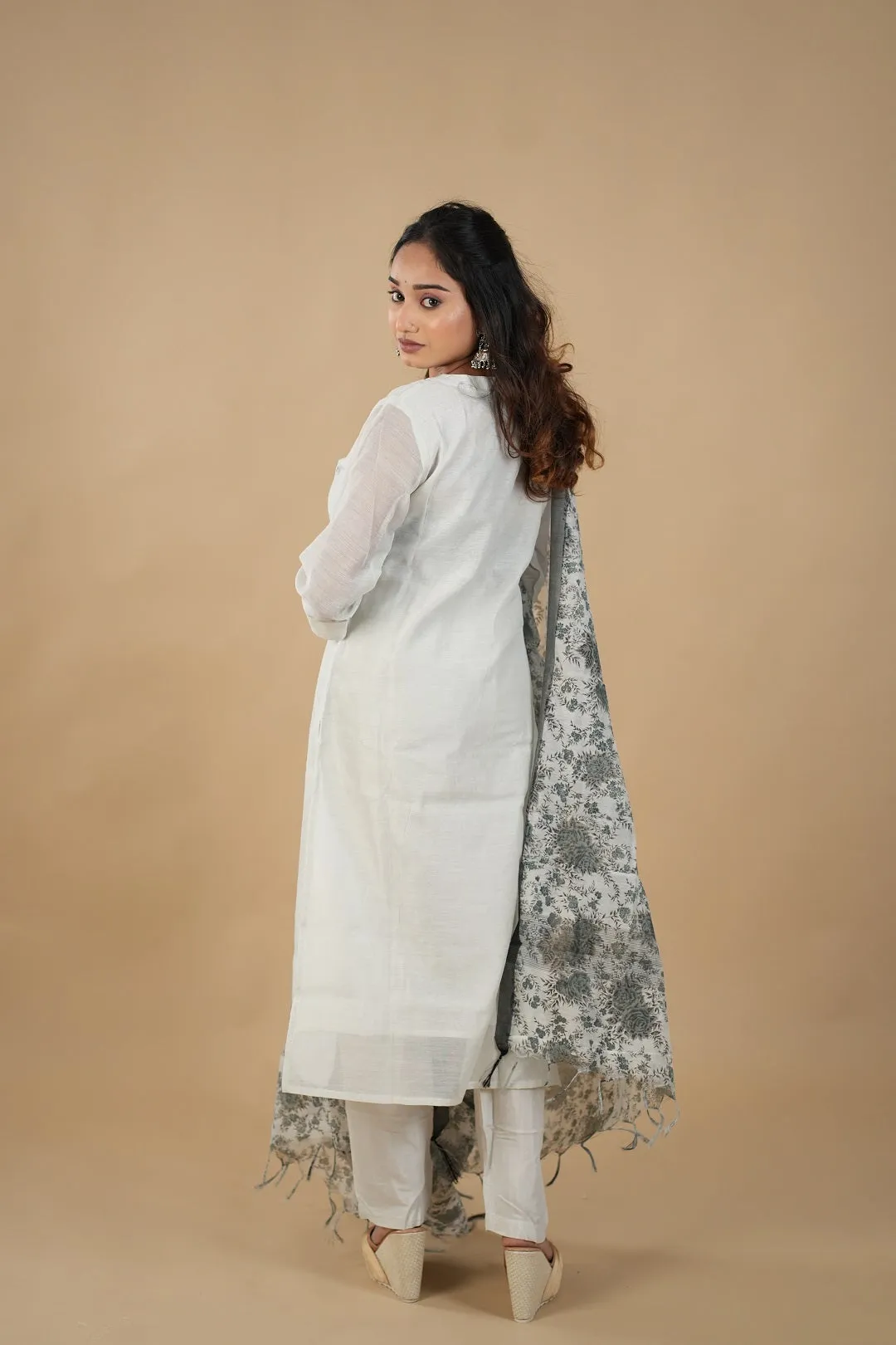 Satrangi Women's Tea Green Embroidered Dress & Tea Green Pant Set in CHANDERI