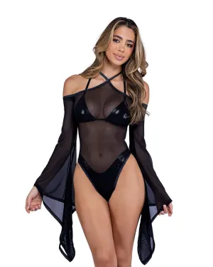 Sexy Black Sheer Mesh Romper w/ Bell Sleeves