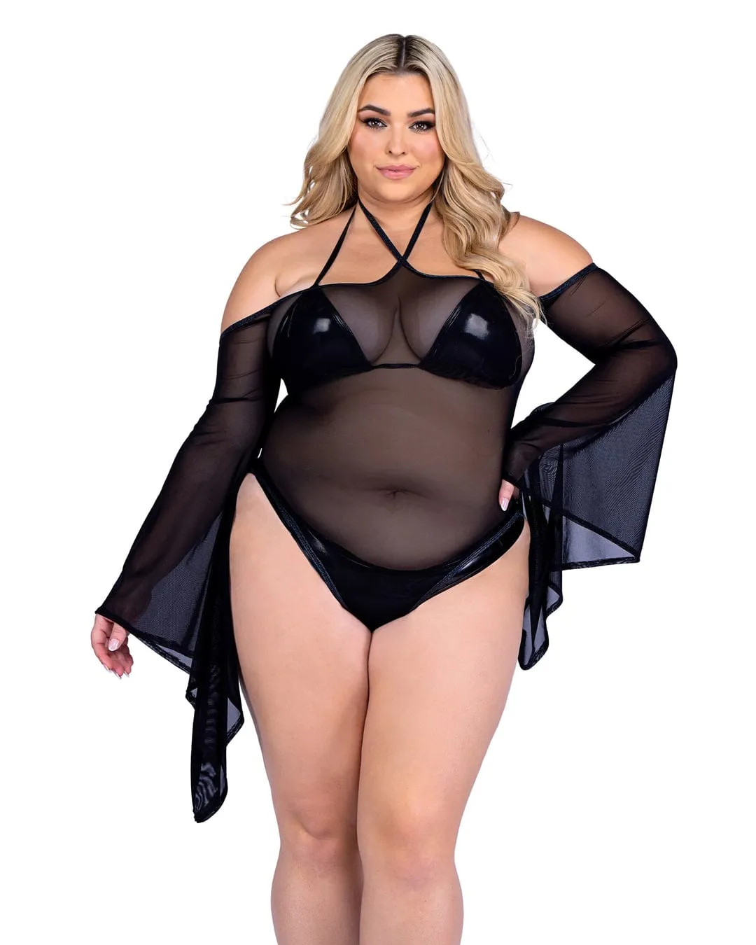 Sexy Black Sheer Mesh Romper w/ Bell Sleeves