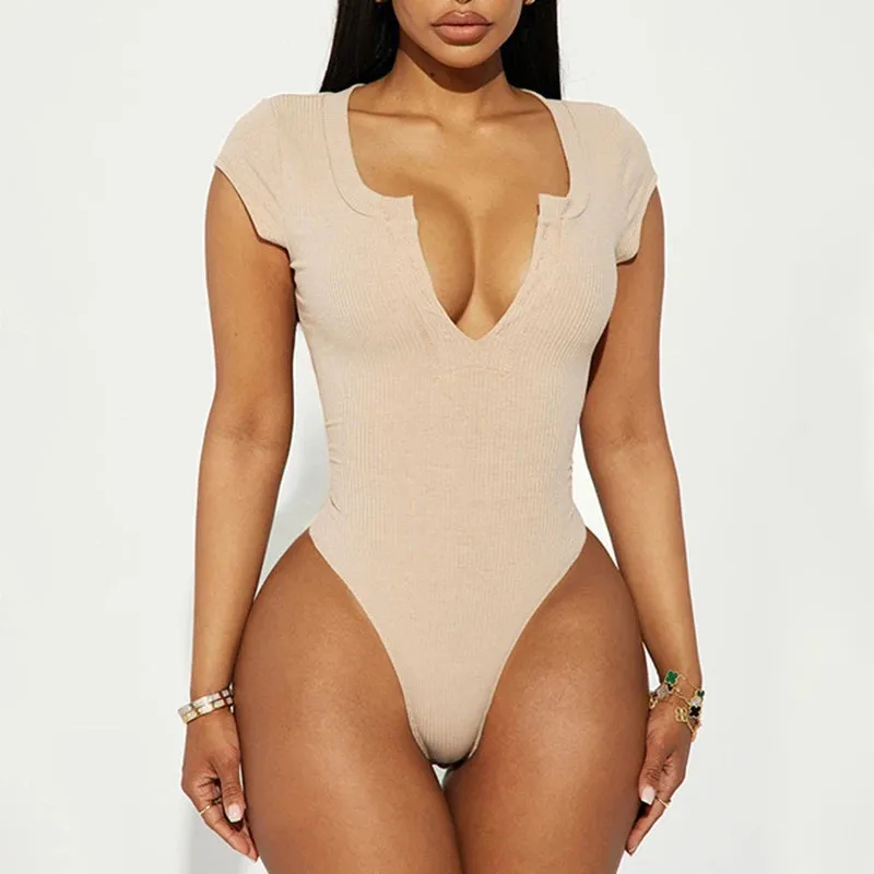 Solid V Neck Skinny Short Sleeve Bodysuit