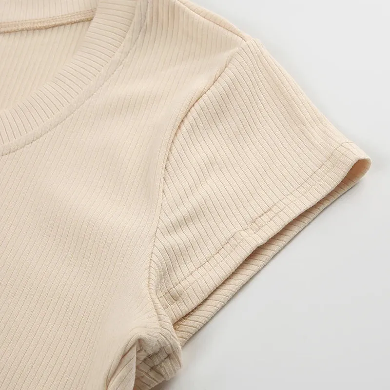 Solid V Neck Skinny Short Sleeve Bodysuit
