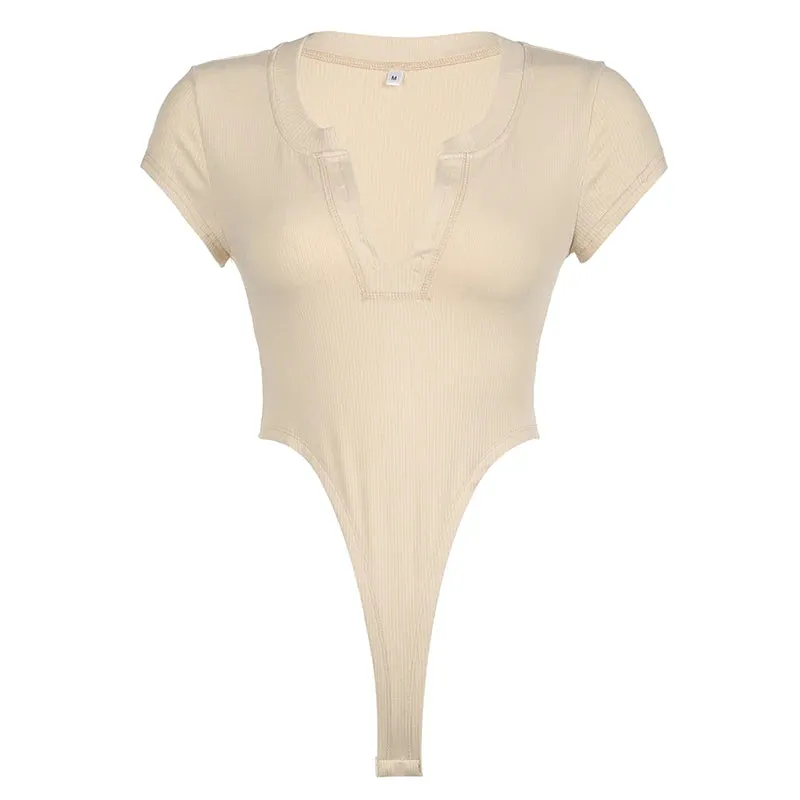 Solid V Neck Skinny Short Sleeve Bodysuit