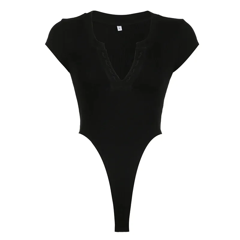 Solid V Neck Skinny Short Sleeve Bodysuit