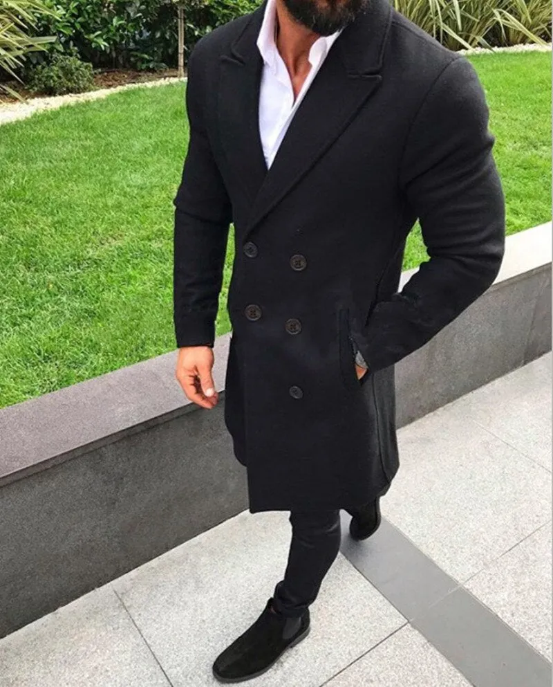 Voguable Men's White Double Breasted Trench Coat  Winter New Slim Fit Overcoat Casual Solid Color Windbreaker Outwear Manteau Homme