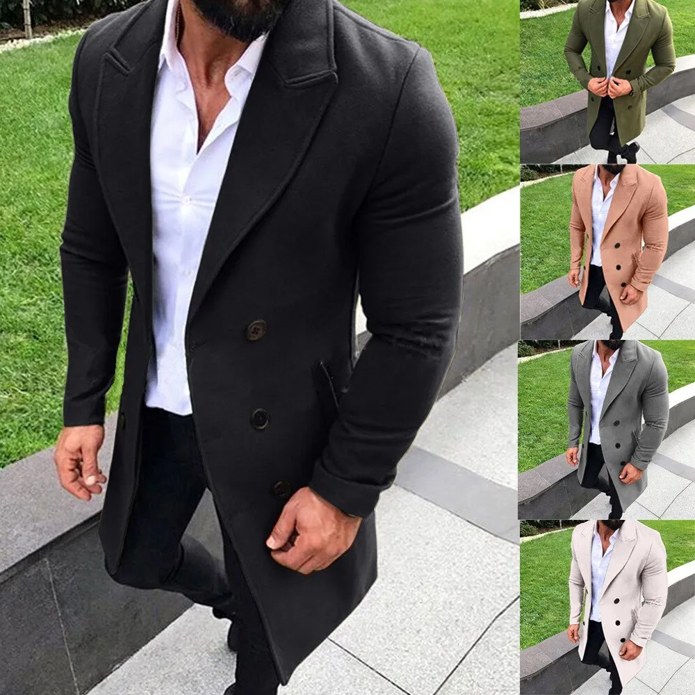Voguable Men's White Double Breasted Trench Coat  Winter New Slim Fit Overcoat Casual Solid Color Windbreaker Outwear Manteau Homme