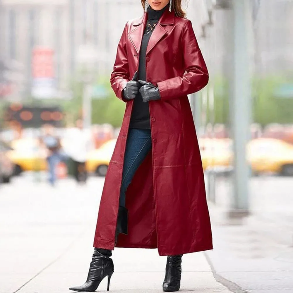 Women Autumn Winter Solid Color Faux Leather Long Slim Wind Jacket/Black Trench