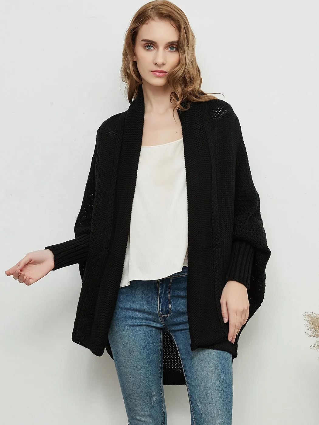 Women Batwing Sleeve Sweater Open Front Kimono Oversized Wrap Cardigan