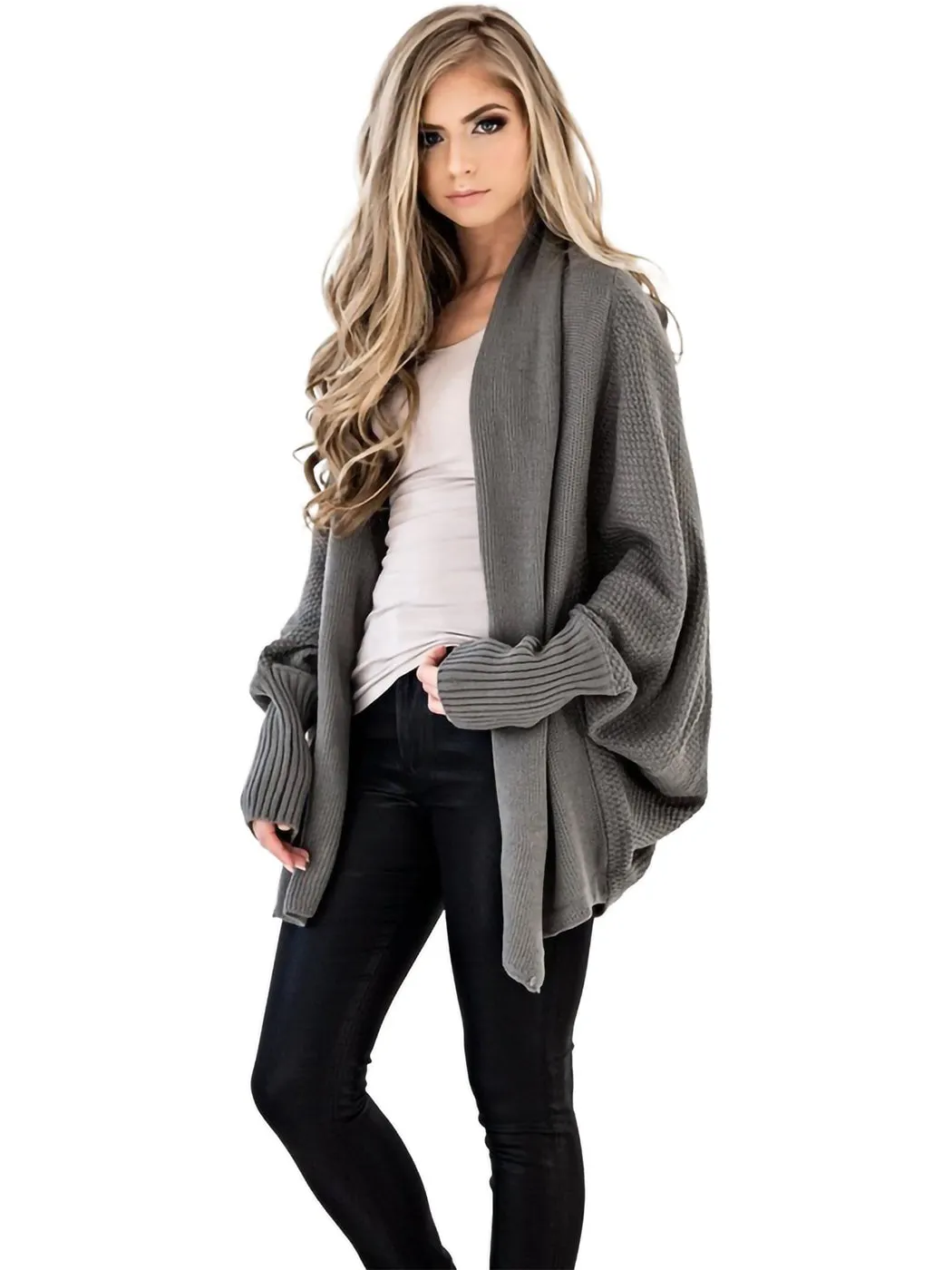 Women Batwing Sleeve Sweater Open Front Kimono Oversized Wrap Cardigan