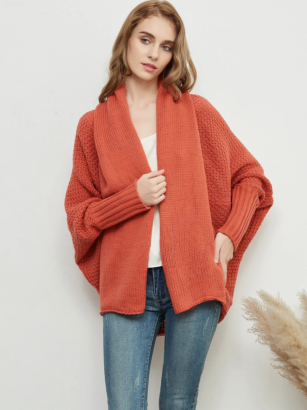 Women Batwing Sleeve Sweater Open Front Kimono Oversized Wrap Cardigan