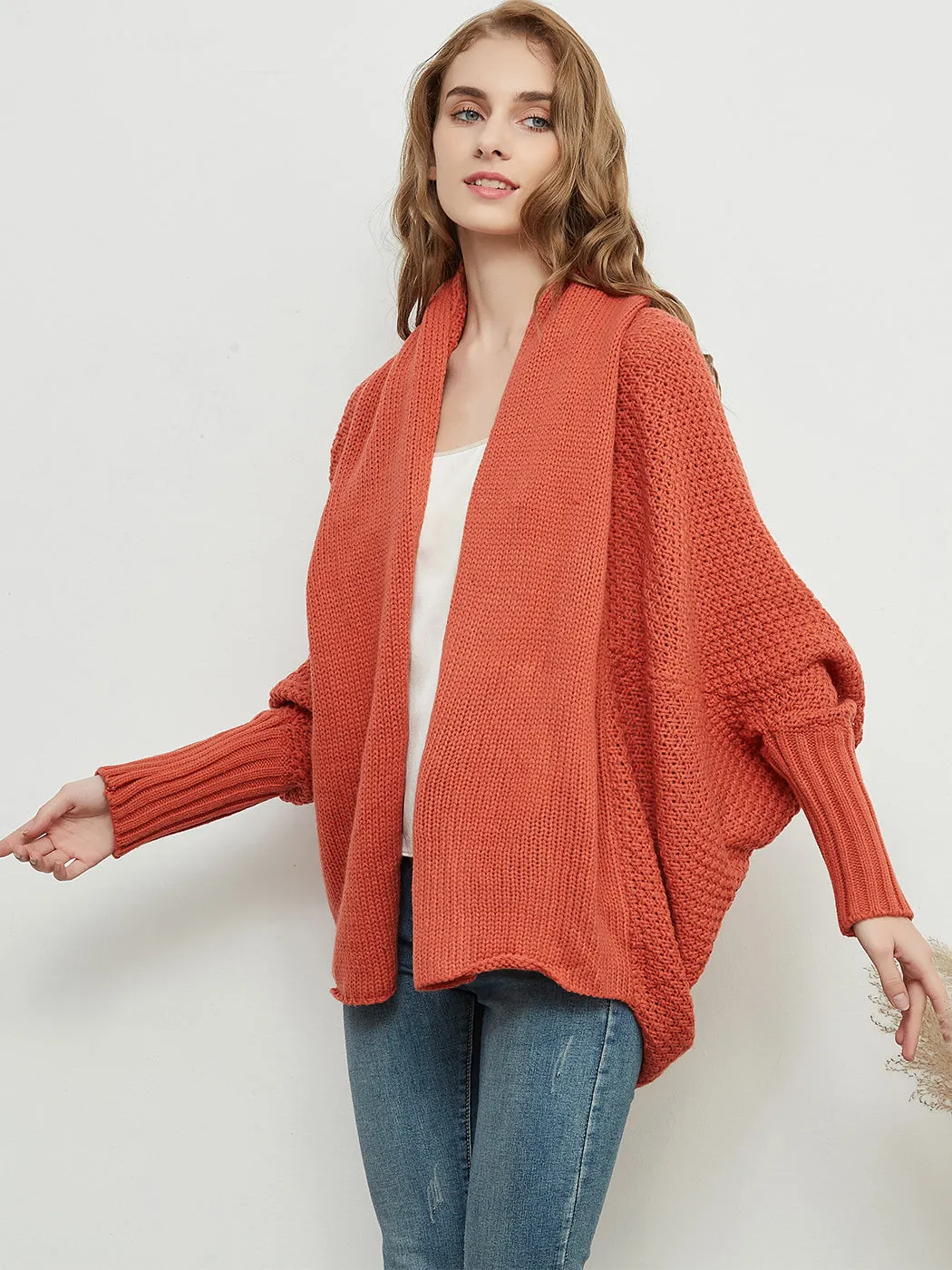 Women Batwing Sleeve Sweater Open Front Kimono Oversized Wrap Cardigan