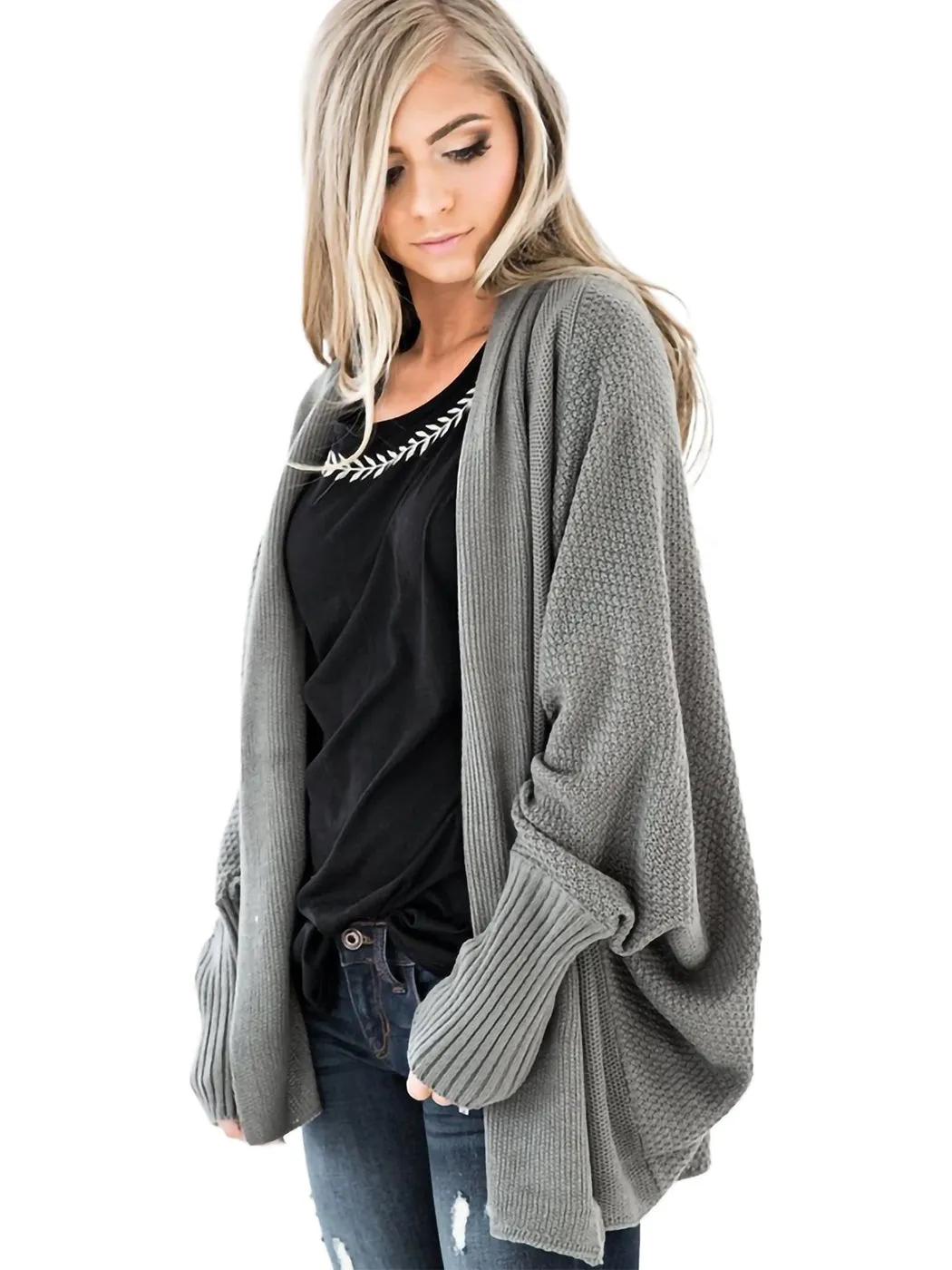 Women Batwing Sleeve Sweater Open Front Kimono Oversized Wrap Cardigan