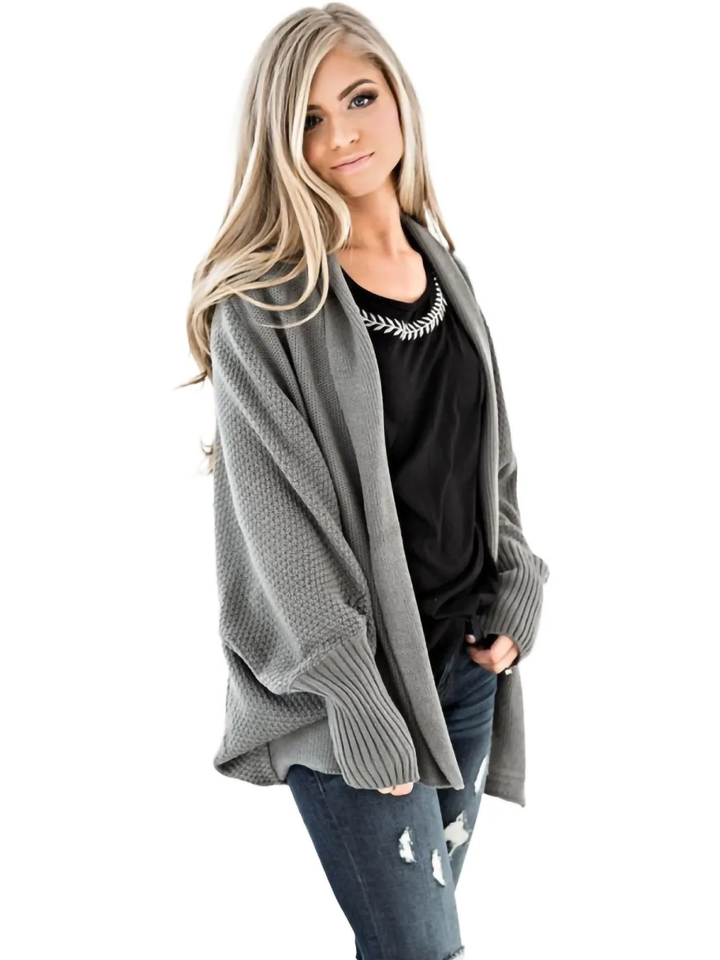 Women Batwing Sleeve Sweater Open Front Kimono Oversized Wrap Cardigan