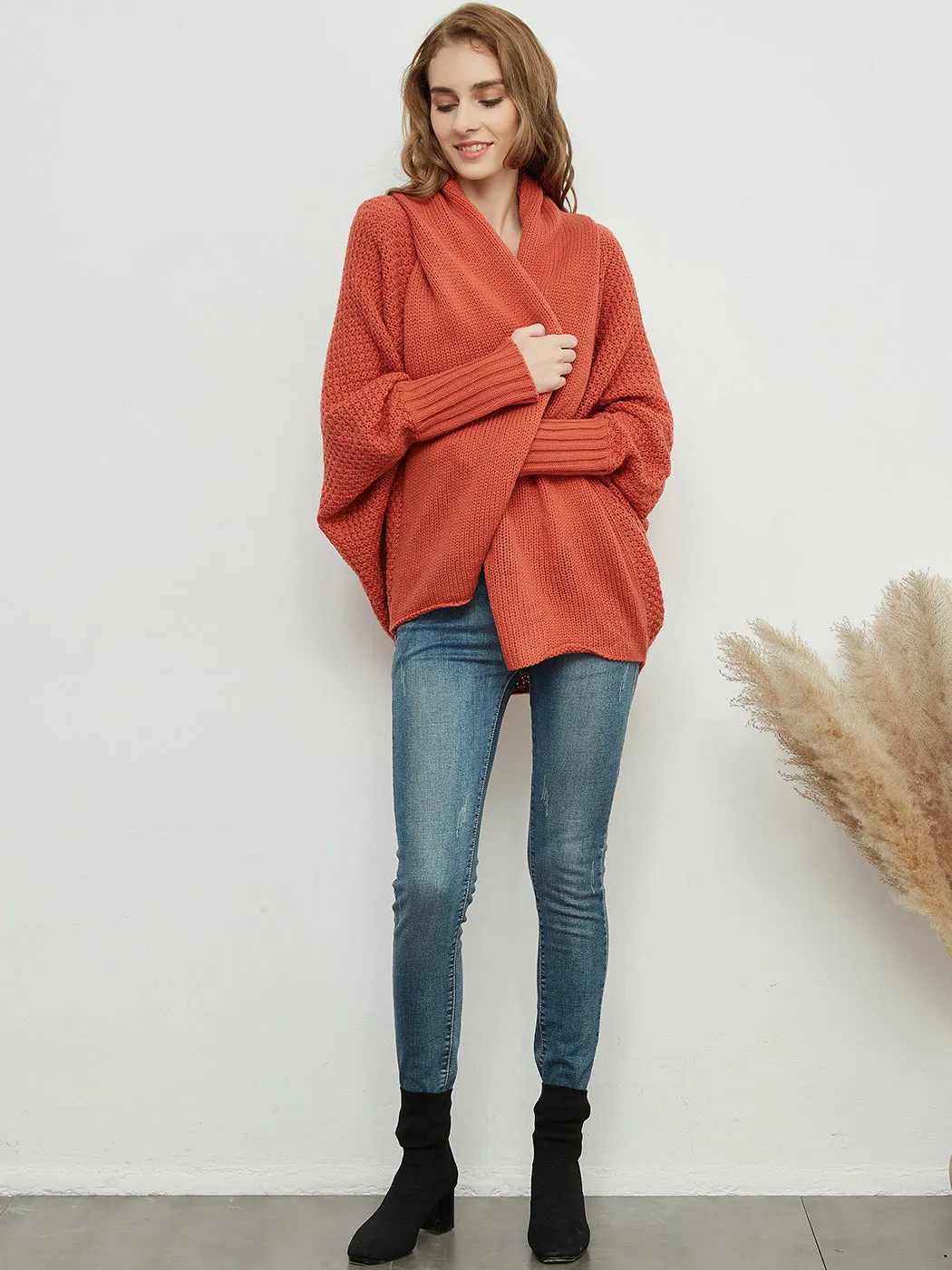 Women Batwing Sleeve Sweater Open Front Kimono Oversized Wrap Cardigan