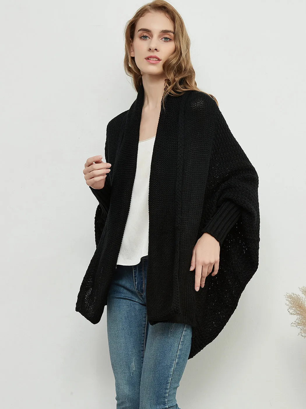 Women Batwing Sleeve Sweater Open Front Kimono Oversized Wrap Cardigan
