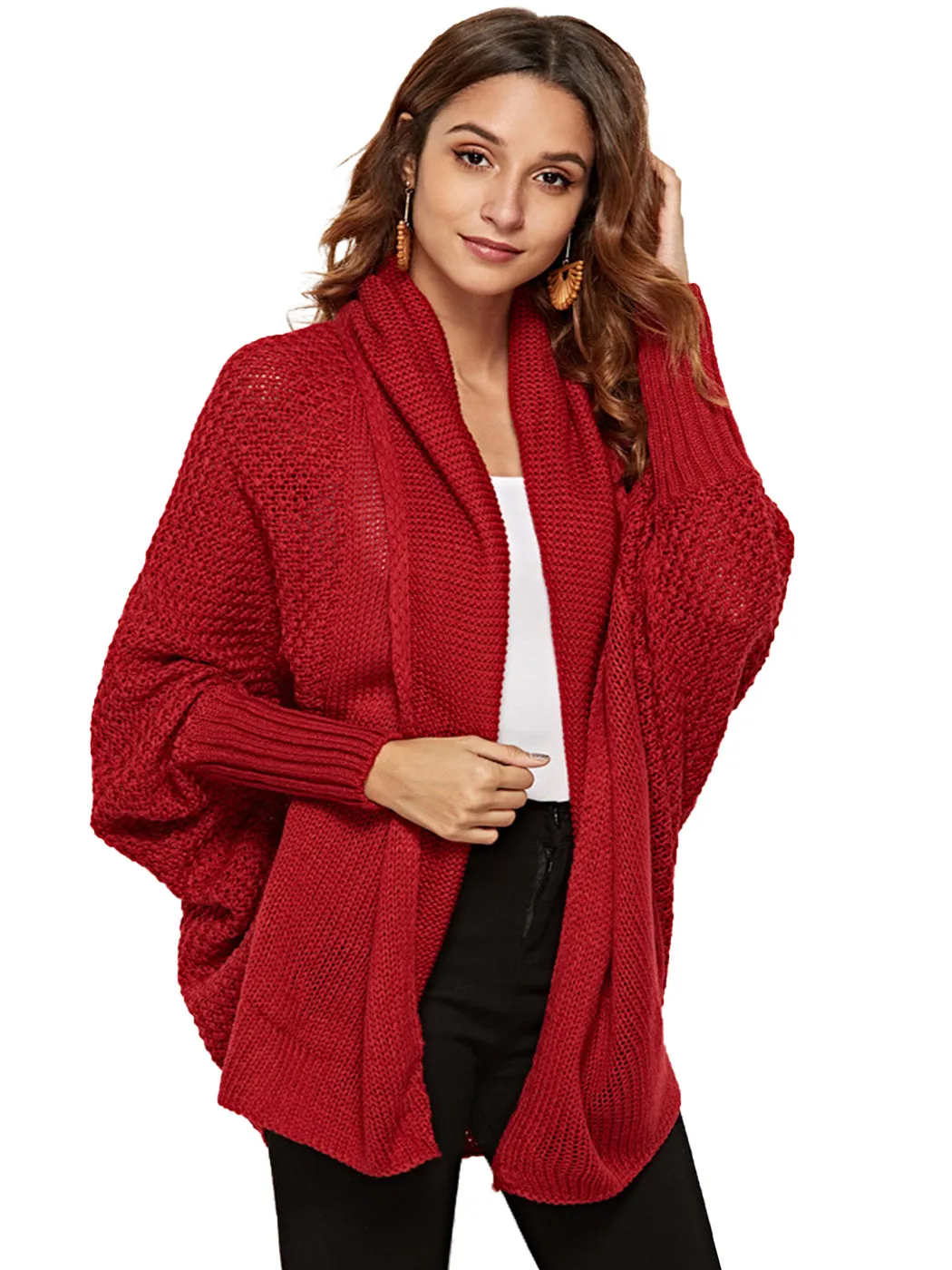 Women Batwing Sleeve Sweater Open Front Kimono Oversized Wrap Cardigan