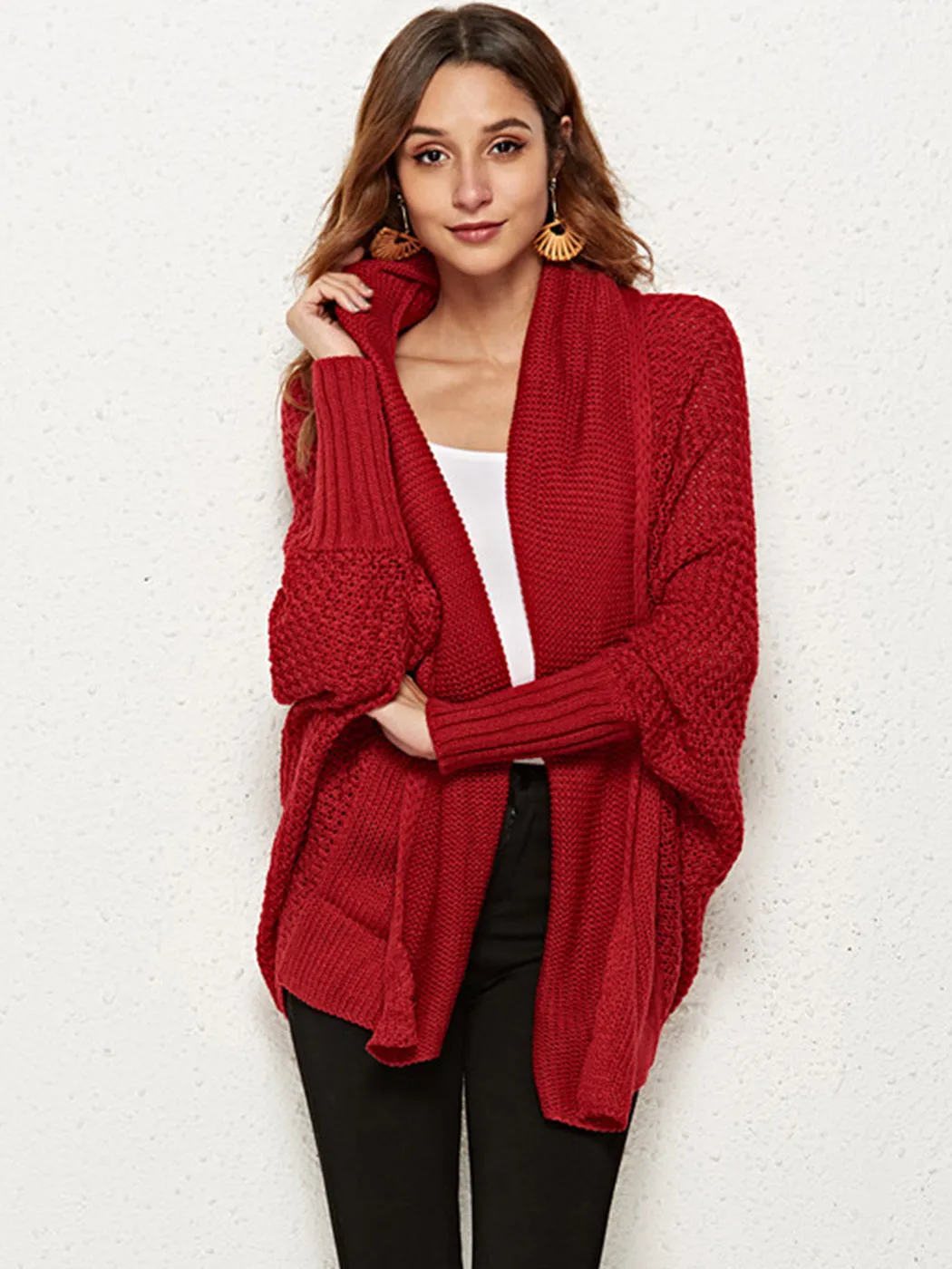 Women Batwing Sleeve Sweater Open Front Kimono Oversized Wrap Cardigan