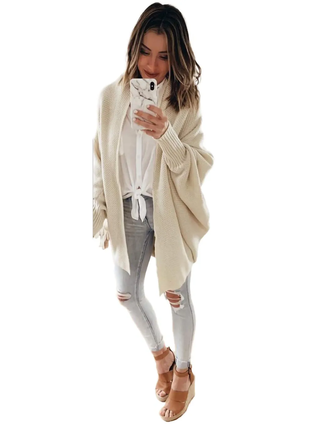 Women Batwing Sleeve Sweater Open Front Kimono Oversized Wrap Cardigan