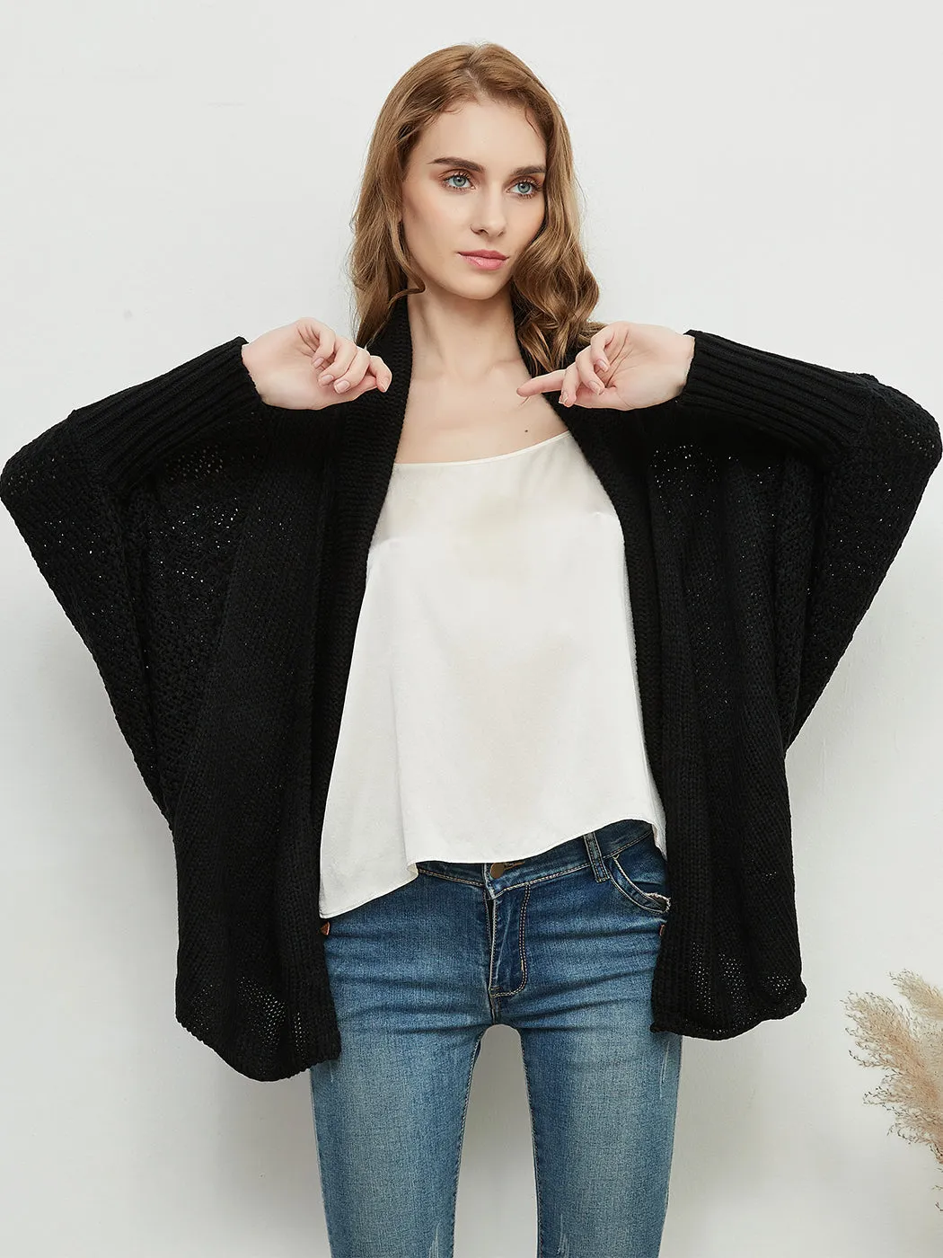 Women Batwing Sleeve Sweater Open Front Kimono Oversized Wrap Cardigan