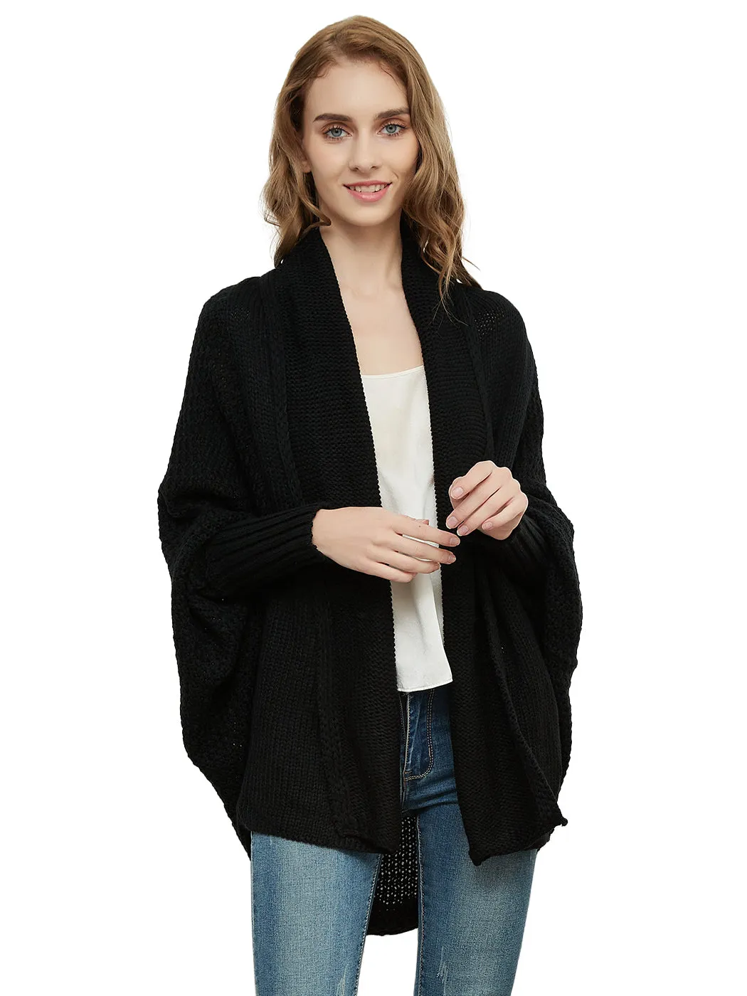 Women Batwing Sleeve Sweater Open Front Kimono Oversized Wrap Cardigan