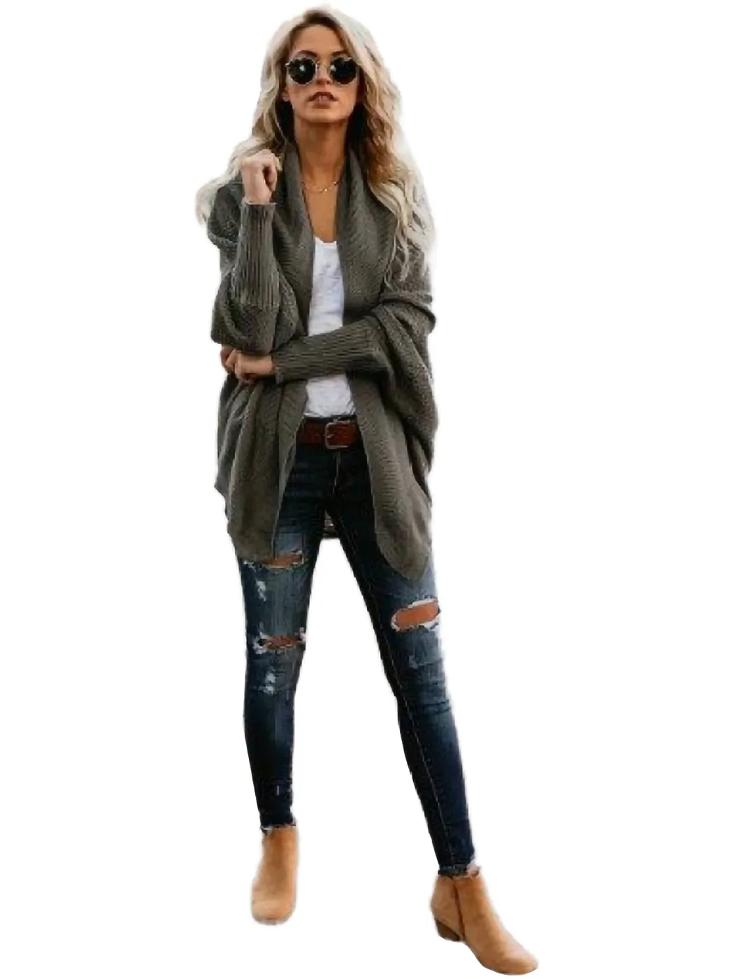Women Batwing Sleeve Sweater Open Front Kimono Oversized Wrap Cardigan