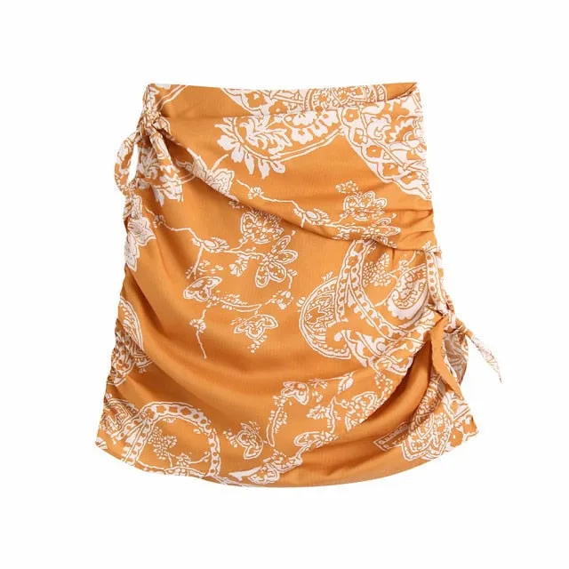 Women  Fashion With Knot Printed Pleat Mini Pants Vintage High Waist Back Zipper Female Pants Mujer