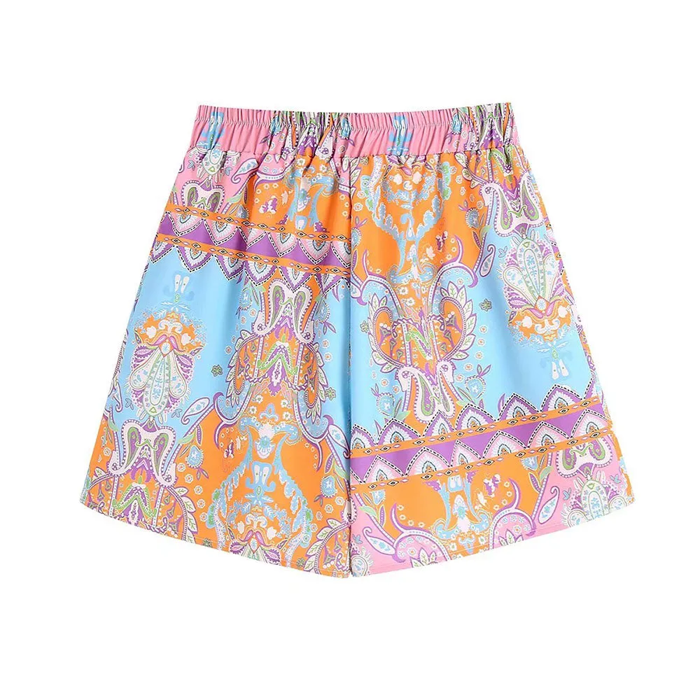Women  Fashion With Knot Printed Pleat Mini Pants Vintage High Waist Back Zipper Female Pants Mujer