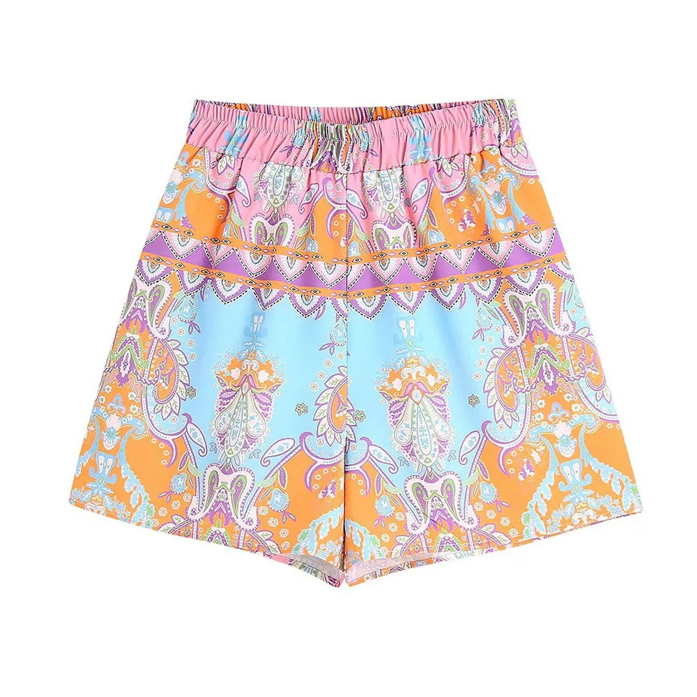 Women  Fashion With Knot Printed Pleat Mini Pants Vintage High Waist Back Zipper Female Pants Mujer