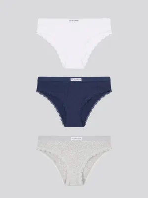 Womens 3 Pack Lace Trim Bikini Brief in Peacoat