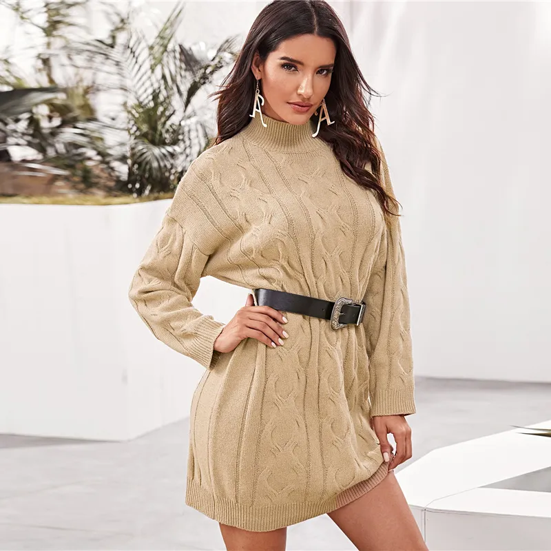 Women's Winter Casual Knitted High-Neck Dress With Belt