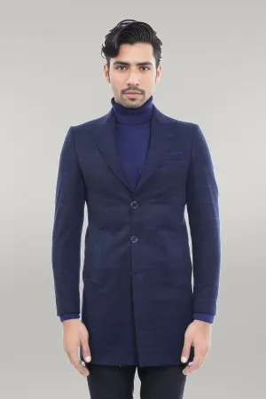 WSS Wide Pointed Collar Navy Blue Plaid Coat  - Singen